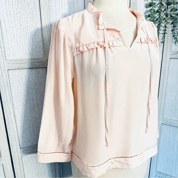 POINT SUR J. CREW Silk Popover Shirt Blouse Pink Ruffle Size Medium Petite MP - Picture 2 of 8